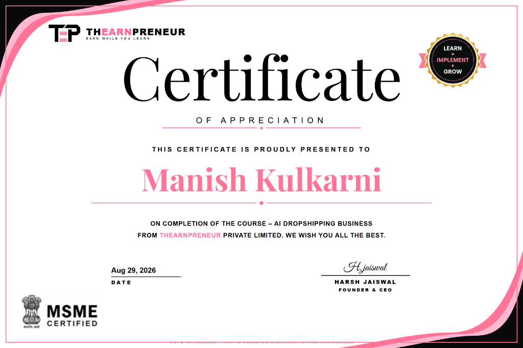 AI CONTENT CREATION Official Certificate - THEARNPRENEUR